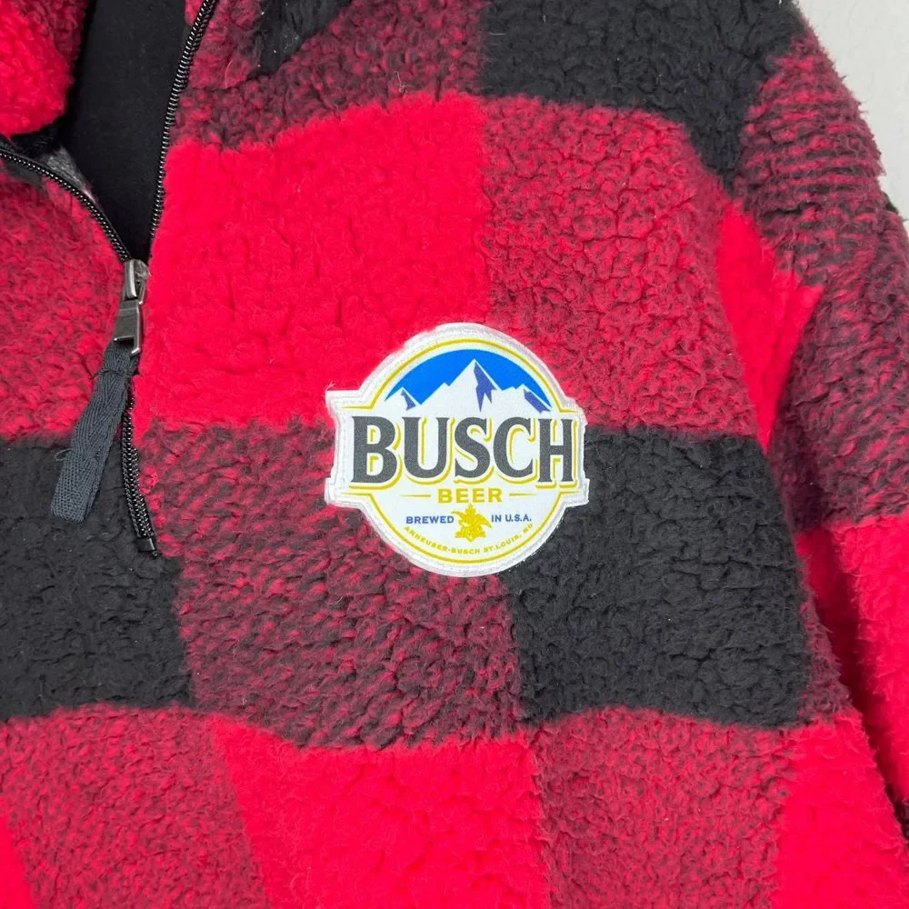 Anheuser Busch‎ Beer Plaid Sherpa Fleece Pullover Red Black Sweater, Size 2xl